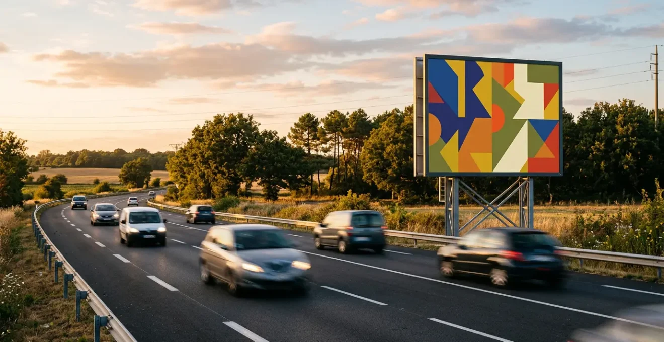 Vue dynamique d'une affiche publicitaire 4x3 le long d'une route avec effet de mouvement illustrant la lecture à haute vitesse