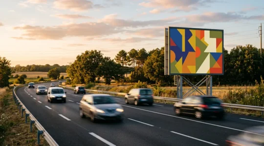 Vue dynamique d'une affiche publicitaire 4x3 le long d'une route avec effet de mouvement illustrant la lecture à haute vitesse