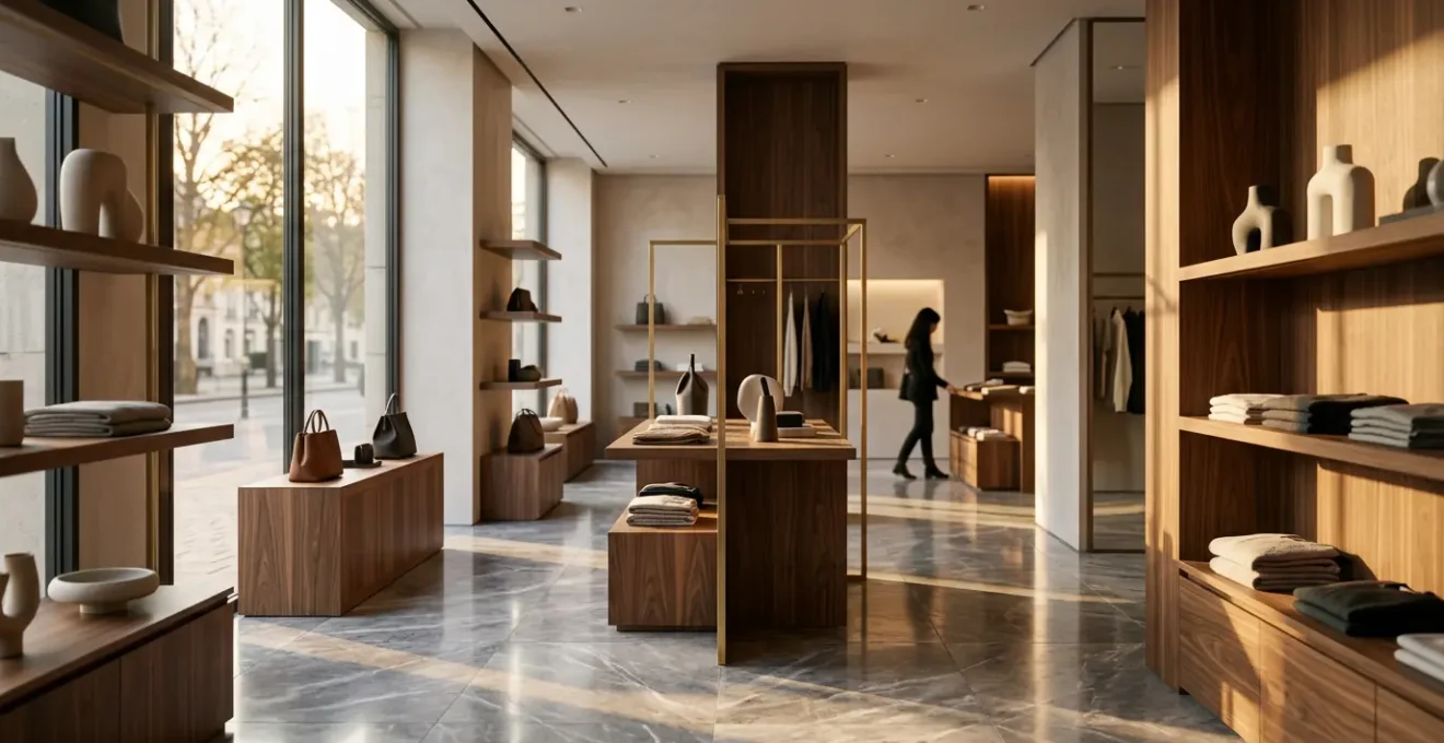 Intérieur élégant d'une boutique moderne avec jeu de lumière douce et aménagement sophistiqué