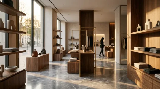 Intérieur élégant d'une boutique moderne avec jeu de lumière douce et aménagement sophistiqué