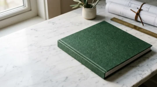 Une brochure dos carré collé luxueuse posée sur une table en marbre avec des plans architecturaux en arrière-plan