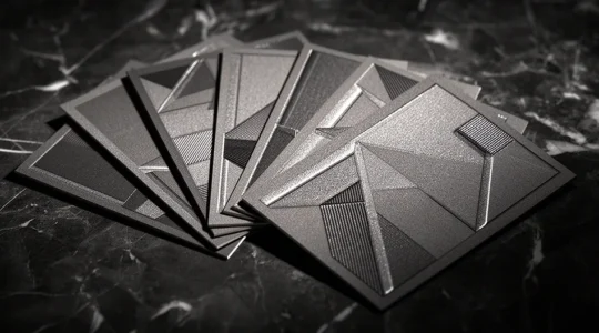 Gros plan sur des cartes de visite avec finitions en relief et vernis sélectif dans un environnement professionnel élégant