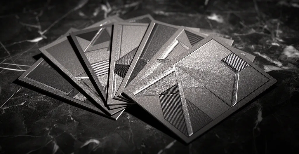 Gros plan sur des cartes de visite avec finitions en relief et vernis sélectif dans un environnement professionnel élégant