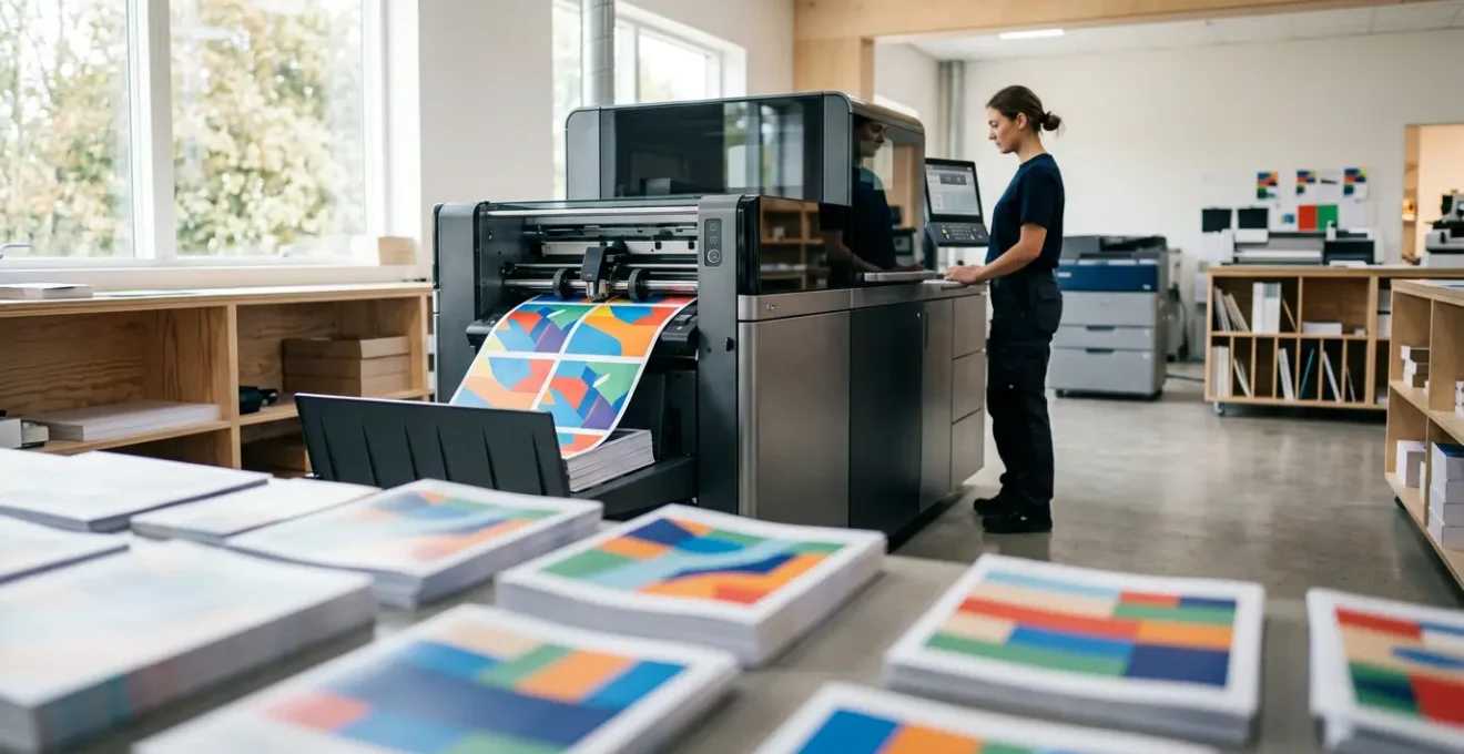 Vue moderne d'une production d'impression numérique avec catalogues colorés sortant d'une imprimante professionnelle