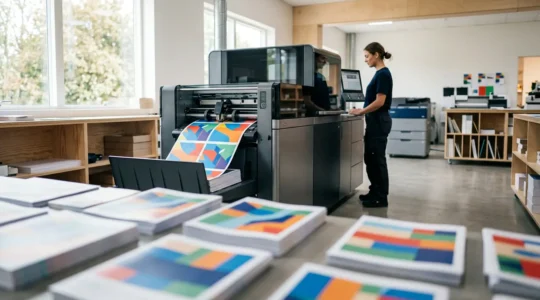 Vue moderne d'une production d'impression numérique avec catalogues colorés sortant d'une imprimante professionnelle