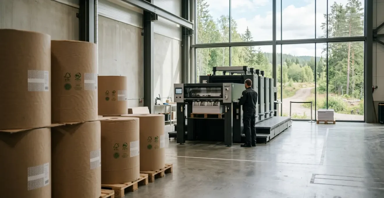 Bureau d'imprimerie moderne avec papier certifié et forêt durable en arrière-plan