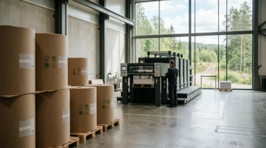 Bureau d'imprimerie moderne avec papier certifié et forêt durable en arrière-plan