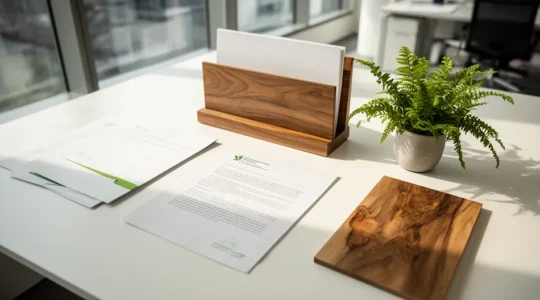Documents professionnels certifiés PEFC sur un bureau d'entreprise moderne avec plantes vertes