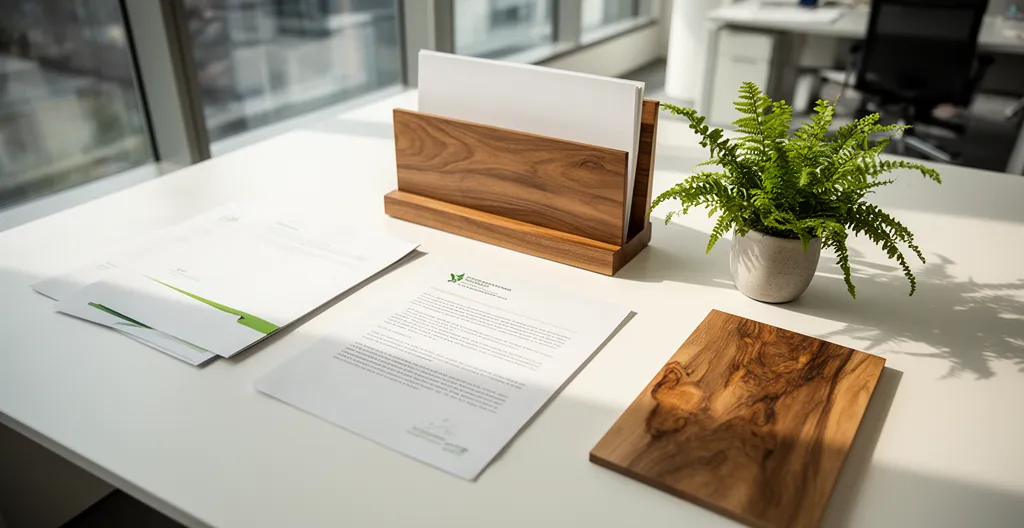 Documents professionnels certifiés PEFC sur un bureau d'entreprise moderne avec plantes vertes