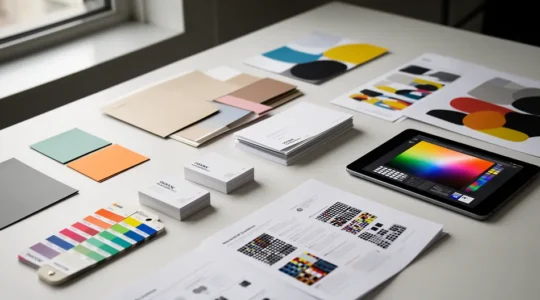 Échantillons de couleurs et maquettes de supports de communication professionnels harmonisés sur un bureau créatif