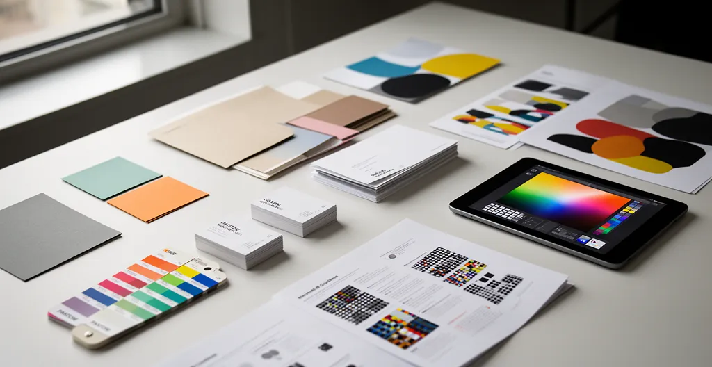 Échantillons de couleurs et maquettes de supports de communication professionnels harmonisés sur un bureau créatif