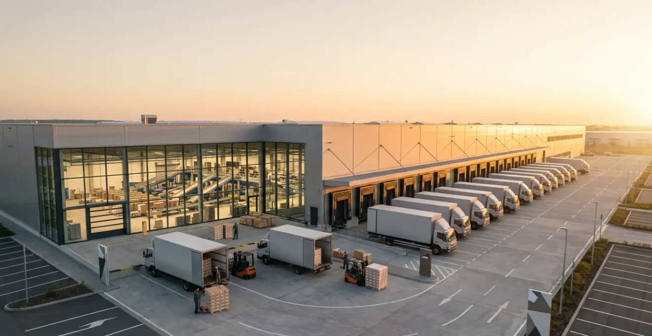 Vue aérienne d'un entrepôt moderne avec camions de livraison et systèmes de tri automatisés pour l'impression express
