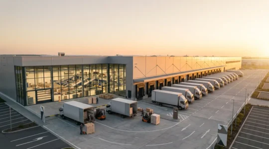 Vue aérienne d'un entrepôt moderne avec camions de livraison et systèmes de tri automatisés pour l'impression express