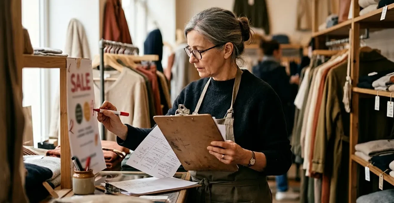 Commerçant vérifiant minutieusement les mentions légales sur ses affiches de soldes dans sa boutique