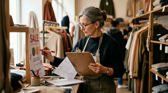 Commerçant vérifiant minutieusement les mentions légales sur ses affiches de soldes dans sa boutique