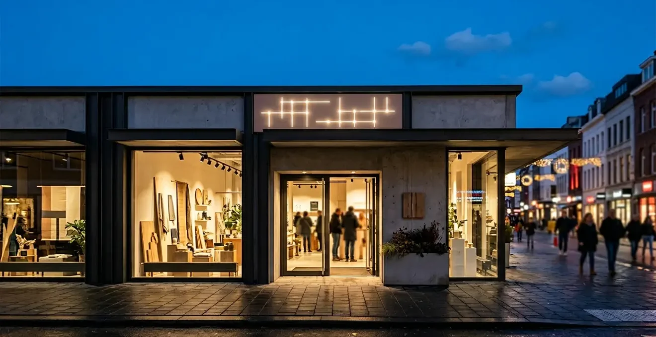 Devanture de commerce moderne équipée d'une enseigne LED illuminée en soirée illustrant les économies d'énergie