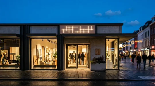 Devanture de commerce moderne équipée d'une enseigne LED illuminée en soirée illustrant les économies d'énergie