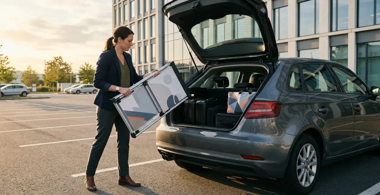 Commercial chargeant un totem PLV compact dans le coffre de sa voiture en environnement urbain