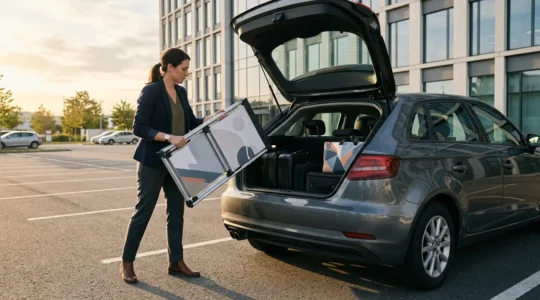 Commercial chargeant un totem PLV compact dans le coffre de sa voiture en environnement urbain