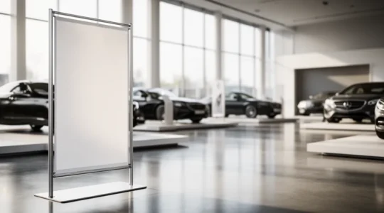 Showroom de concession automobile avec totem publicitaire interchangeable en premier plan