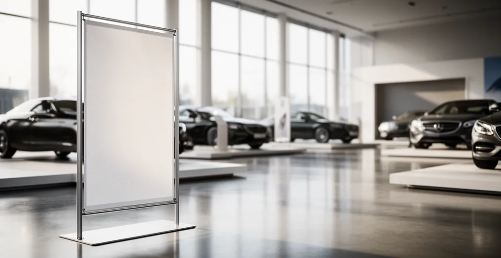 Showroom de concession automobile avec totem publicitaire interchangeable en premier plan