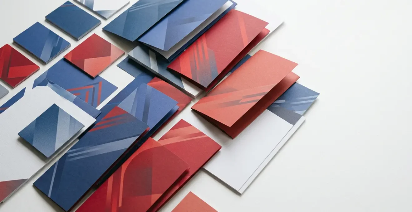 Vue comparative montrant des cartes de visite et brochures avec nuances de couleurs subtiles différentes