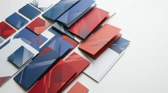 Vue comparative montrant des cartes de visite et brochures avec nuances de couleurs subtiles différentes