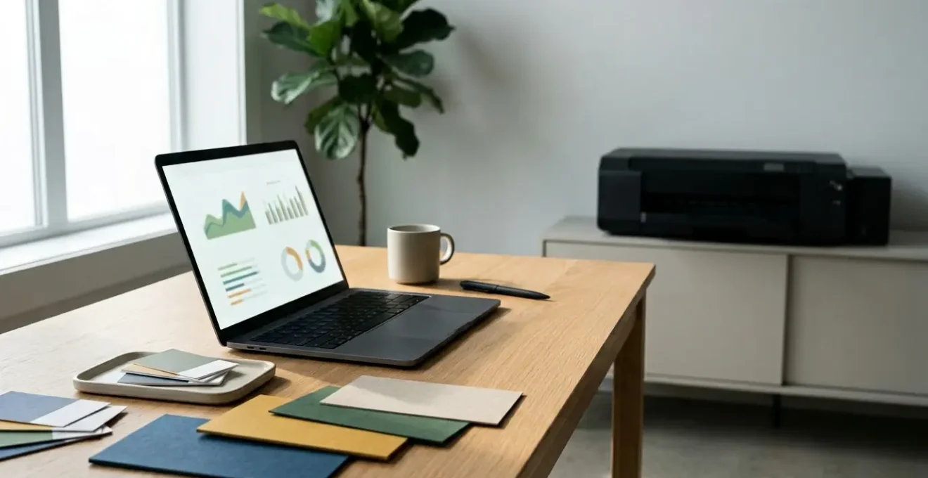 Écran d'ordinateur moderne montrant un devis d'impression en ligne avec des graphiques de prix, dans un bureau design avec échantillons de papier