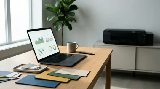 Écran d'ordinateur moderne montrant un devis d'impression en ligne avec des graphiques de prix, dans un bureau design avec échantillons de papier