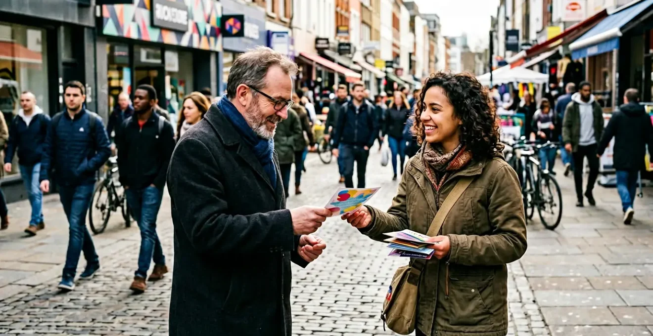 Distribution de flyers dans une rue commerçante animée avec passants et distributeurs