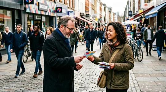 Distribution de flyers dans une rue commerçante animée avec passants et distributeurs