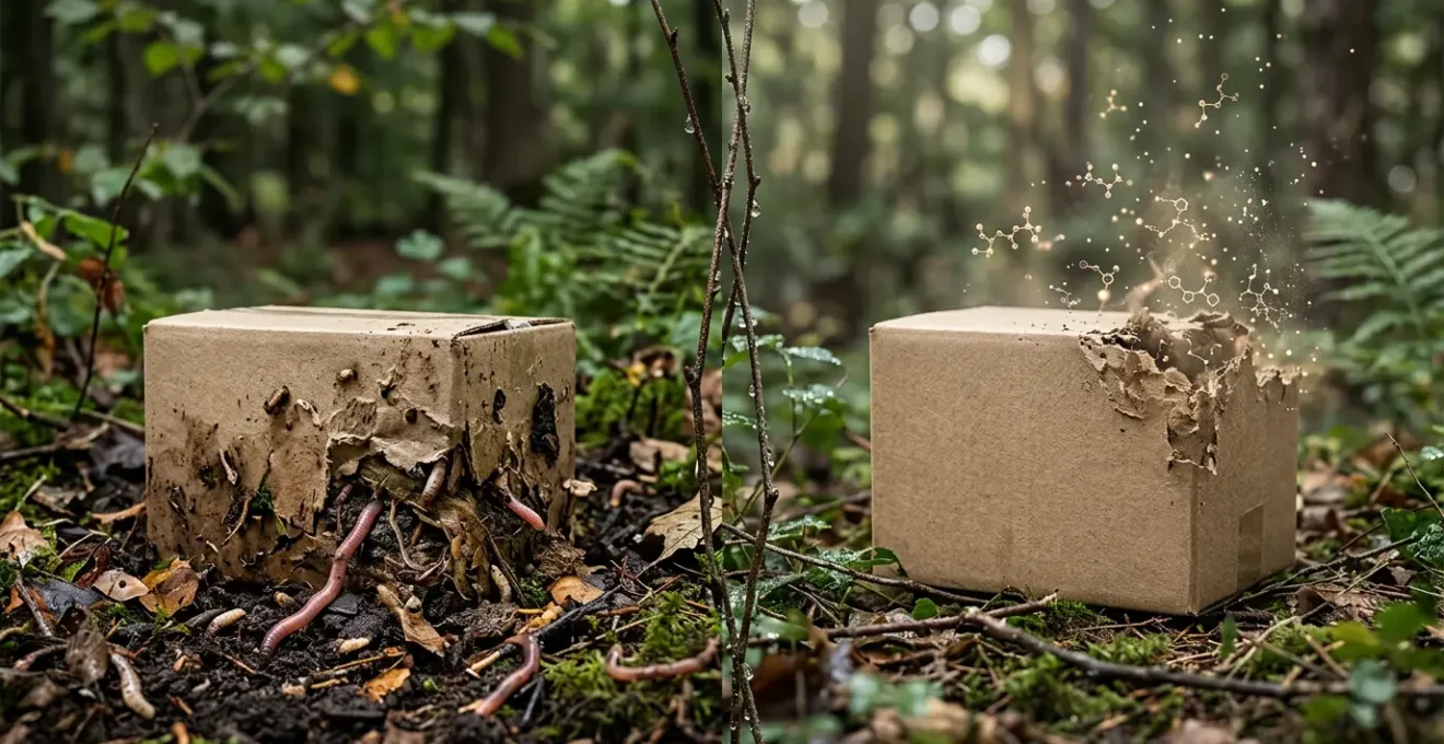 Comparaison visuelle entre emballages compostables et biodégradables dans un environnement naturel