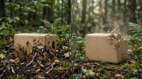 Comparaison visuelle entre emballages compostables et biodégradables dans un environnement naturel