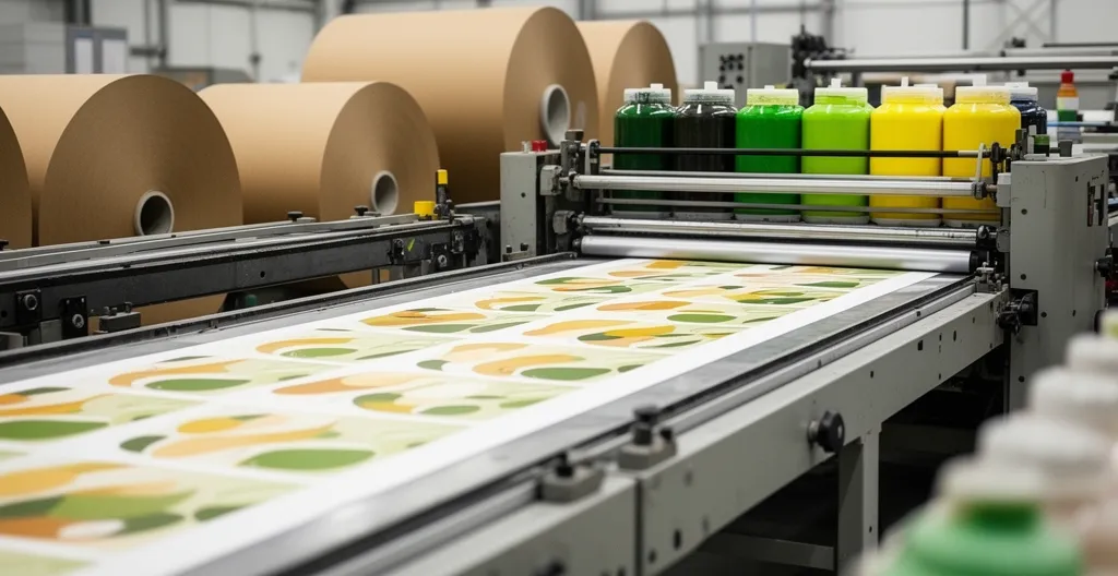 Emballage alimentaire imprimé avec de l'encre végétale à base d'huile de soja sur ligne de production