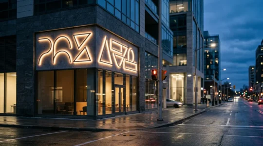 Enseigne commerciale LED éclairée de nuit dans un environnement urbain moderne