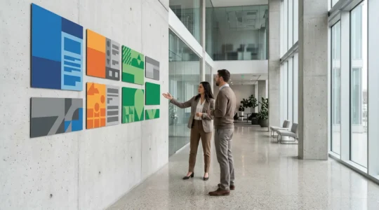 Hall d'entreprise moderne avec panneaux d'affichage réglementaires et employés consultant les informations légales