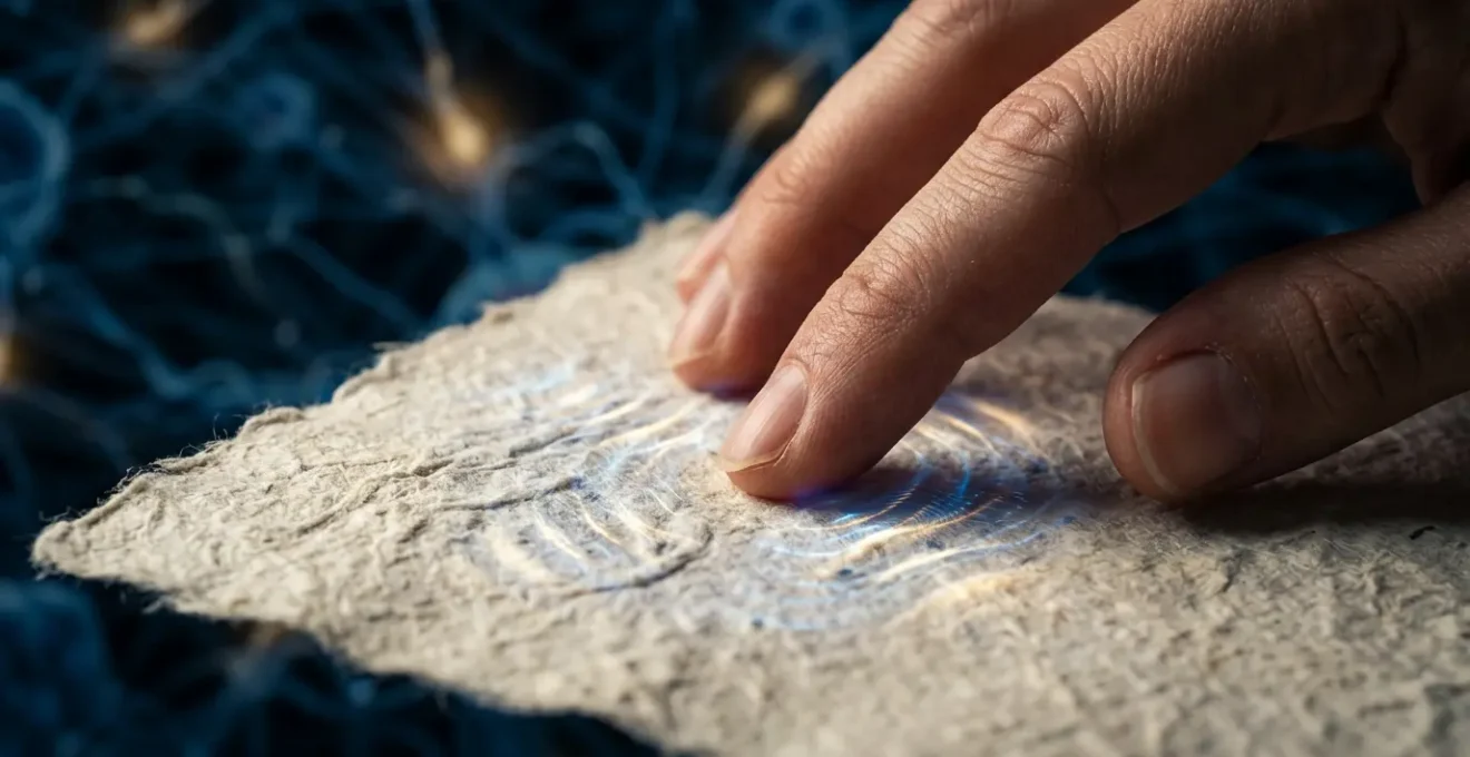 Une main touchant délicatement la surface texturée d'un papier premium avec des ondes sensorielles lumineuses qui émanent du point de contact
