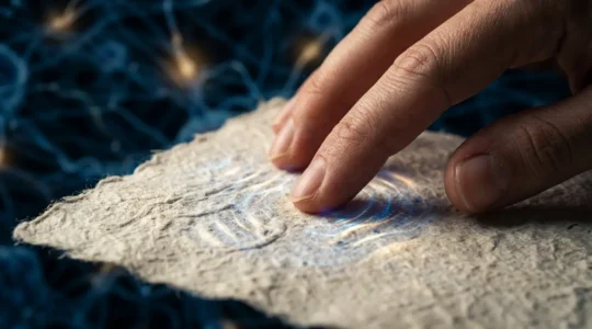 Une main touchant délicatement la surface texturée d'un papier premium avec des ondes sensorielles lumineuses qui émanent du point de contact
