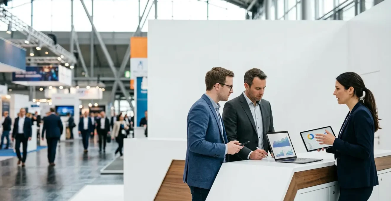 Exposants analysant des données ROI sur tablette dans un salon professionnel moderne
