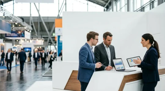 Exposants analysant des données ROI sur tablette dans un salon professionnel moderne