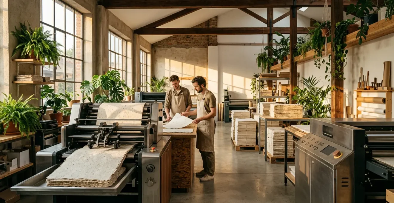 Atelier d'impression moderne avec des machines écoresponsables et des certifications environnementales visibles