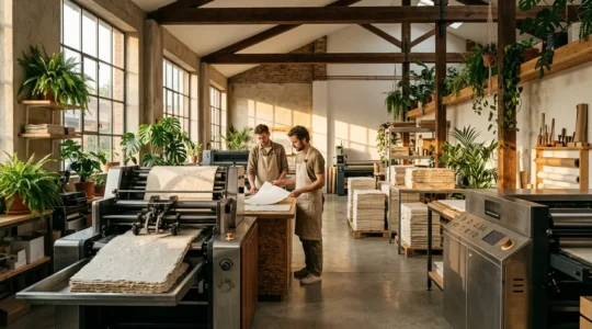 Atelier d'impression moderne avec des machines écoresponsables et des certifications environnementales visibles