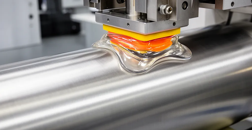 Application industrielle de tampographie sur surface courbe avec tampon silicone en action