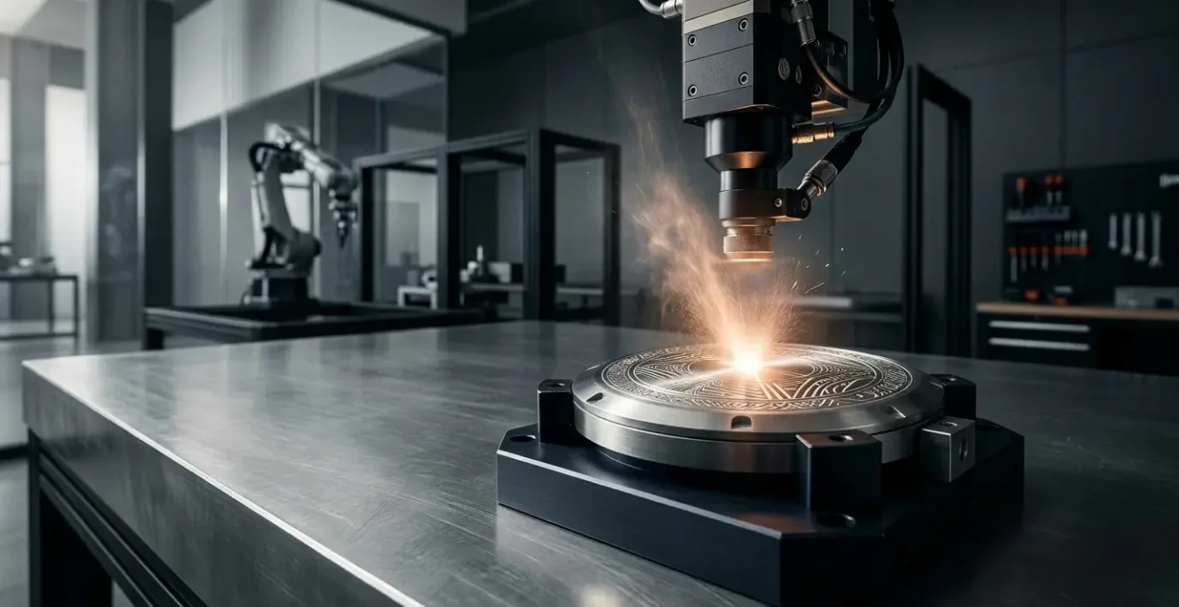 Gravure laser précise sur un objet de luxe en métal montrant un contraste élégant sans utilisation d'encre ni de produits chimiques