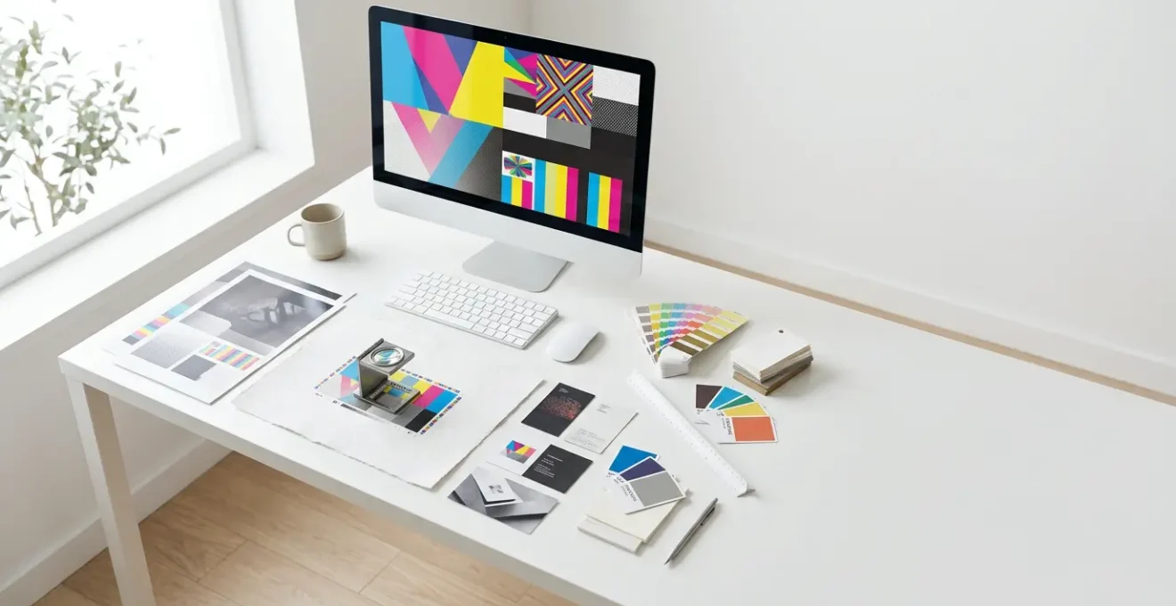 Vue en plongée d'un bureau moderne avec écran affichant une interface de vérification de fichiers, échantillons de couleurs CMJN et documents imprimés de qualité