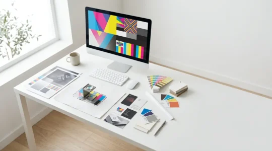 Vue en plongée d'un bureau moderne avec écran affichant une interface de vérification de fichiers, échantillons de couleurs CMJN et documents imprimés de qualité