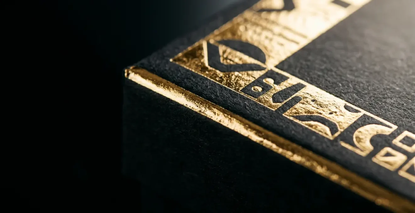 Gros plan macro sur une boîte de luxe noire avec détails dorés à chaud, effet miroir et relief tactile