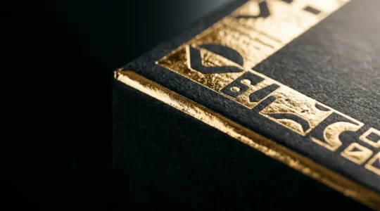 Gros plan macro sur une boîte de luxe noire avec détails dorés à chaud, effet miroir et relief tactile