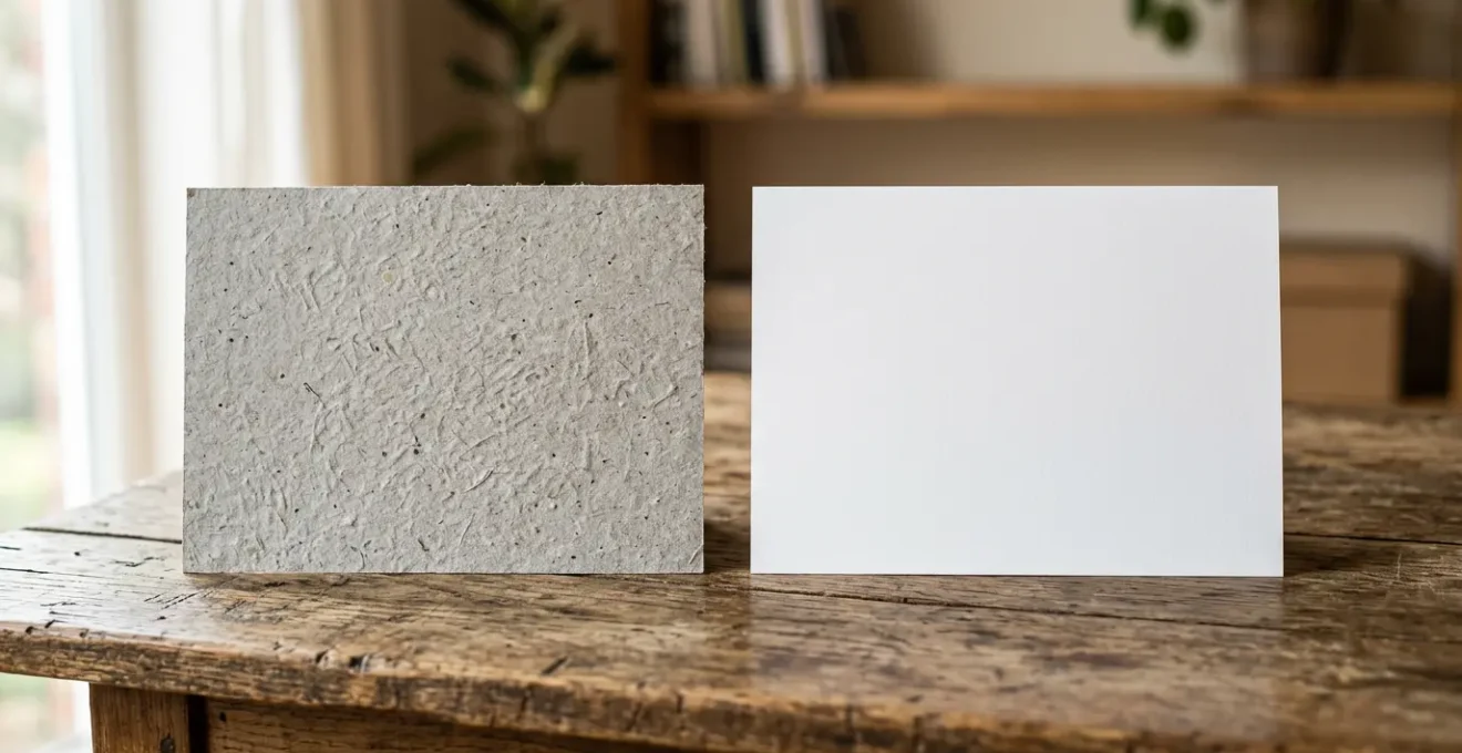 Comparaison visuelle entre papier recyclé gris naturel et papier blanc classique sur table en bois