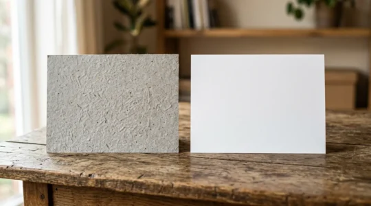 Comparaison visuelle entre papier recyclé gris naturel et papier blanc classique sur table en bois